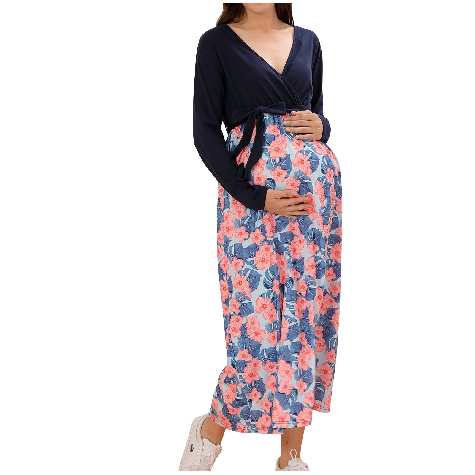 blue dress for baby girl Forest Green Floral Tassel Tie Long Sleeve Maternity Maxi Dress – PinkBlush main image 0