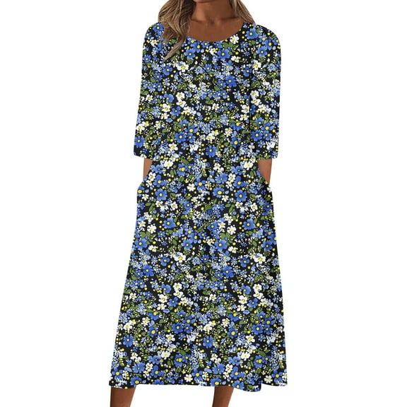 Floral Maxi Dress for Women Long Sleeve Casual Loose Boho Dress Fall Beach Sundress Flowy Comfy Outfit