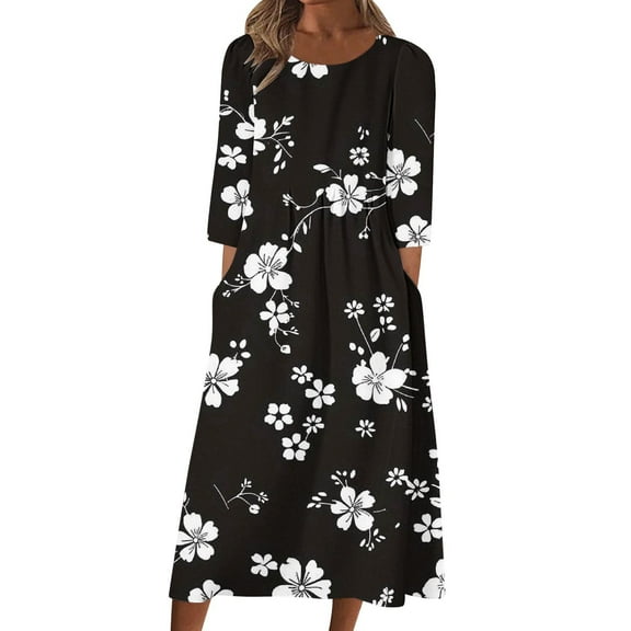 Floral Maxi Dress for Women Long Sleeve Casual Loose Boho Dress Fall Beach Sundress Flowy Comfy Outfit