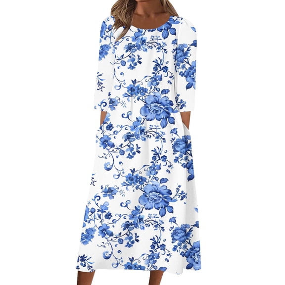 Floral Maxi Dress for Women Long Sleeve Casual Loose Boho Dress Fall Beach Sundress Flowy Comfy Outfit
