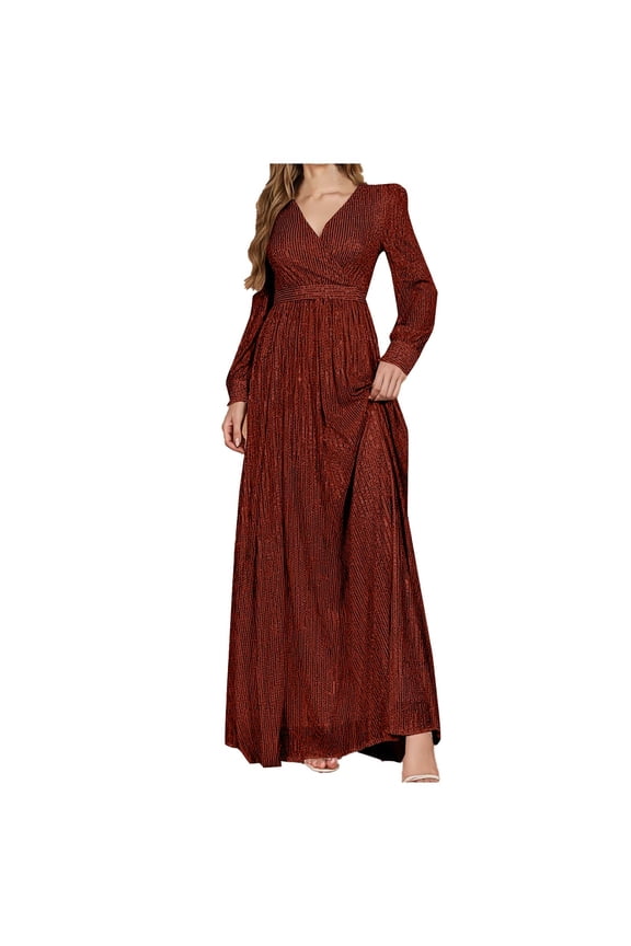 Floral Maxi Dresses Women Formal Sequin Dresses - Evening Gowns Long Sleeve V-Neck Wedding Guest Sparkly Prom Long Maxi Dress Wine L