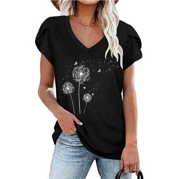 Floral Maxi Dresses For Womensummer V-Neck Short Sleeve Dandelion Print Shirt For Women Women Dandelion Print T-Shirt Casual T-Shirt Blouse Dandelion Print Tunic Tops For Women Black M
