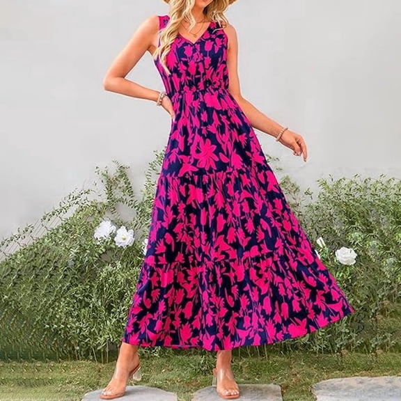 Floral Maxi Dresses for Women 2025 Flowy Sleeveless V Neck Wrap Dress Casual Summer Boho Beach Wedding Guest Dress
