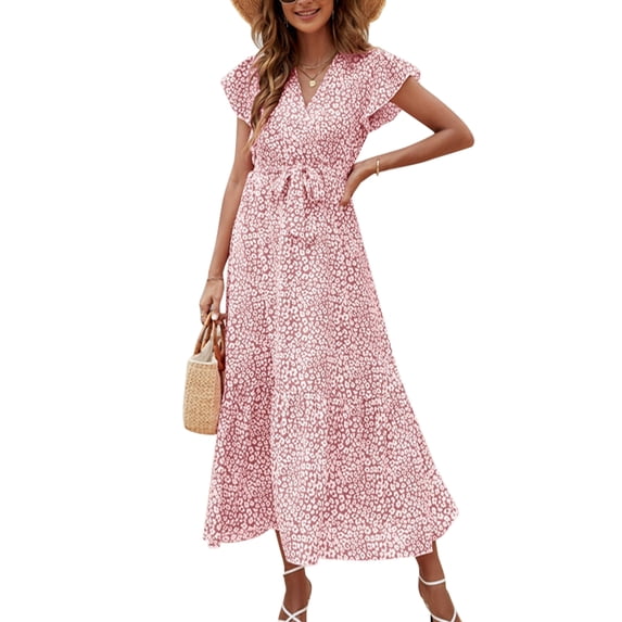 Floral Maxi Dresses for Women Sleeve A-Line Bohemian Summer Dress with Belted
