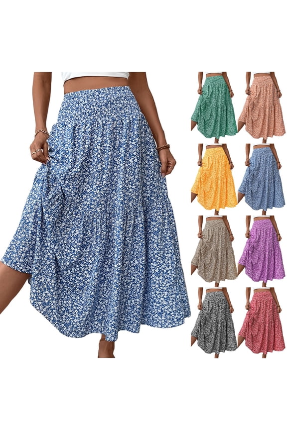Floral Maxi Skirt Women Smocked High Waisted A Line Long Flowy Skirts Pleated Tiered Boho Beach Skirts with Pockets Black M