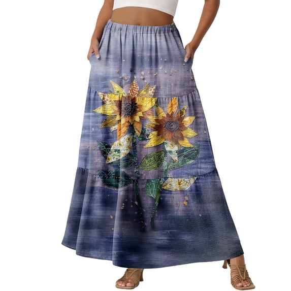 Floral Maxi Skirt for Women Elastic Waist Flowy Tiered Long Skirt with Pockets Beach Skirts Vacation Outfits