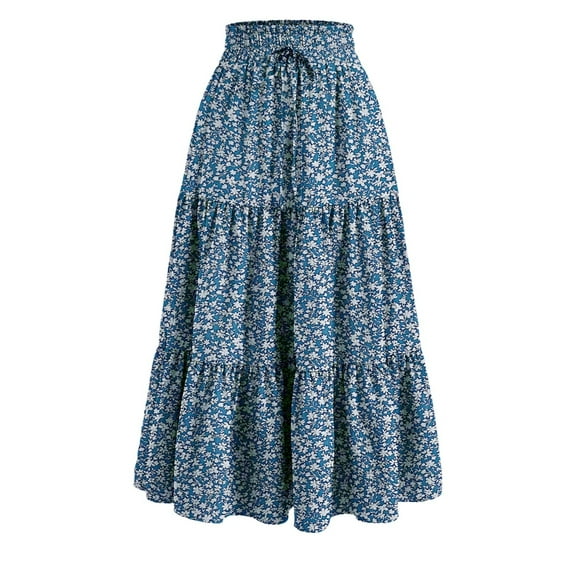Floral Maxi Skirt for Women Tiered Elastic High Skirts Vacation A-Line Flowy Swing Long Skirts