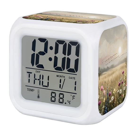 Floral Meadow Digital Alarm Clock for Bedrooms, Smart LED Alarm Clock with 7 Color Changing Night Light, Cottagecore Pastoral Wildflowers Silent Wake Up Clocks for Sleep Study Cooking 3.2"x3.2"