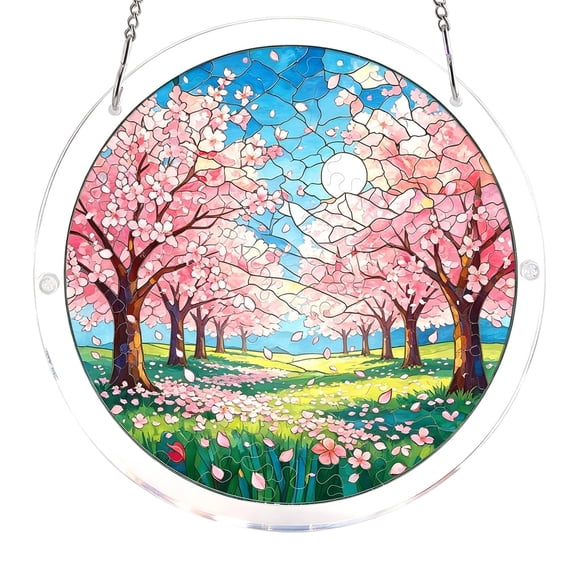 Floral Meadow Landscape Acrylic Puzzle Suncatcher, 7.4 Inch 83 Pieces Stained Glass DIY Kit J