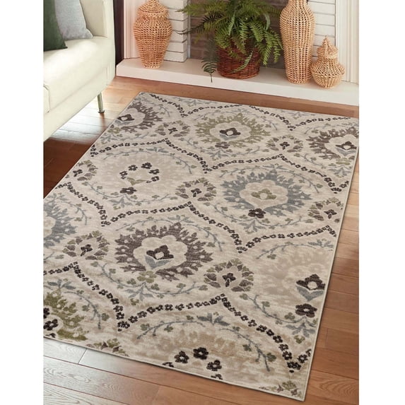 BNM Vintage Floral Damask Indoor Area Rug, 3' x 5', Beige-Brown