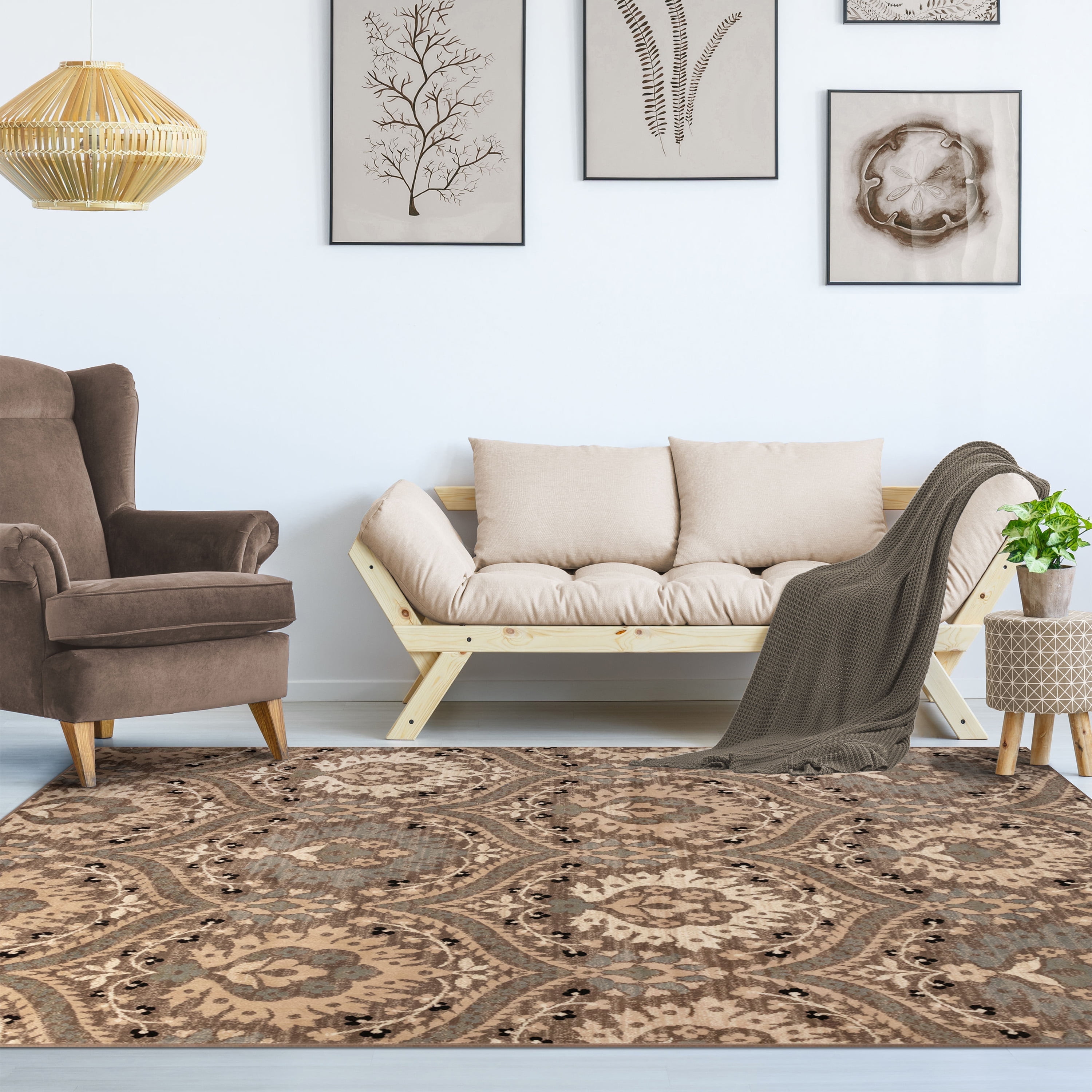 Light Blue Floral Damask Synthetic Indoor Area Rug, 4' x 6'