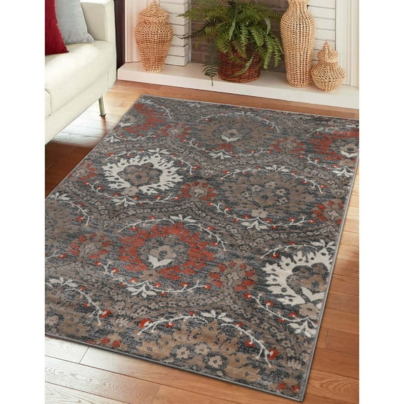 BNM Vintage Floral Damask Indoor Area Rug, 5' x 8', Rust