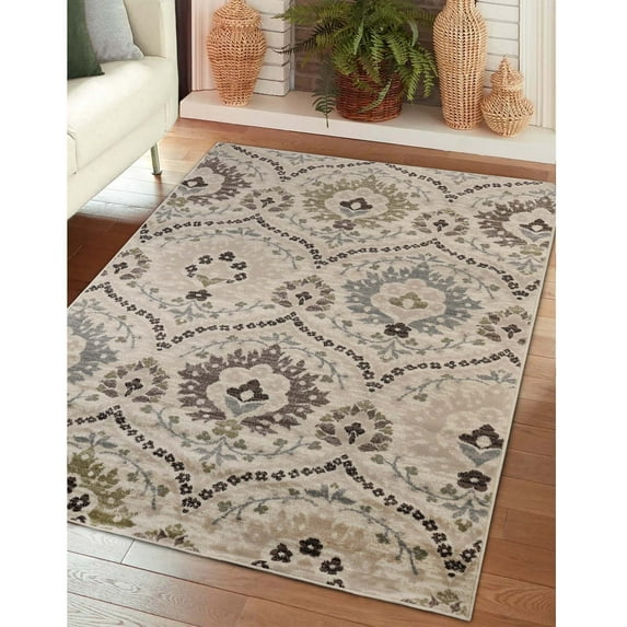 BNM Vintage Floral Damask Indoor Area Rug, 6' x 9', Beige-Brown