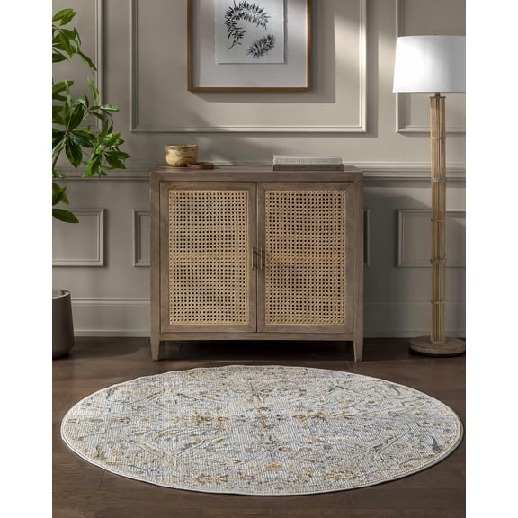 Floral Medallion Border Distressed Leaf Area Rug - Traditional Oushak Oriental Turkish Transitional - Denim, Light Gray, Cream, Gray, Beige - 5'3" Round