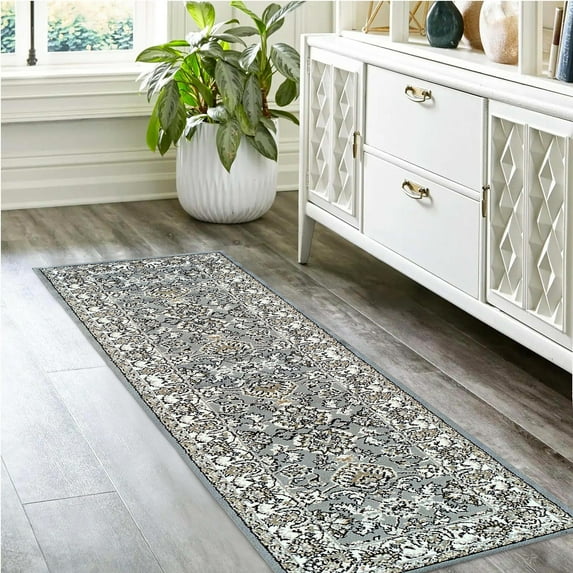 Floral Medallion Border Lille Area Runner, 2'7" x 8', Cream