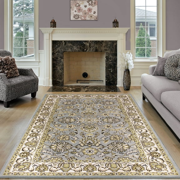 Floral Medallion Border Lille Collection Area Rug, 4' x 6', Grey