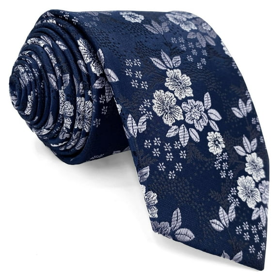 Floral Mens Necktie Navy Blue Silver White Woven for Party Silky Touch Medium 57.5"