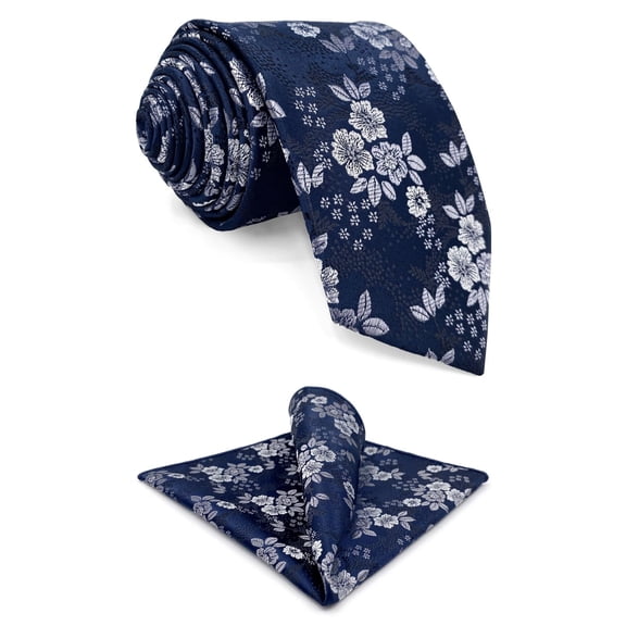 Floral Mens Necktie Set Navy Blue Silver White Tie Pocket Square Combo Silky Touch Extra Long 63"
