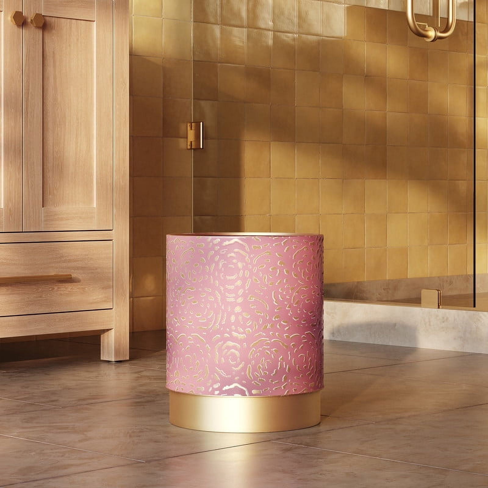 Floral Metal Waste Basket With Gold Base - Pink & Gold - 10"H x 8"W