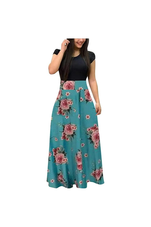 Floral Mexican Dress for Women Short Sleeve Patchwork Maxi Sundress Casual O-Neck High Waist Dresses
