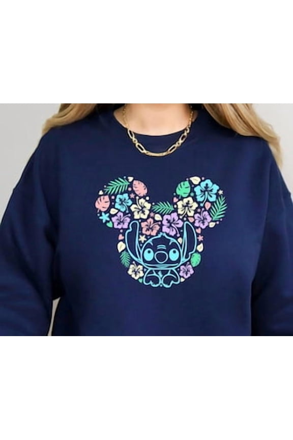 Floral Mickey Mouse Head, Disney Blue Monster , Cartoon Character Designs, Forest Green Sweatshirt