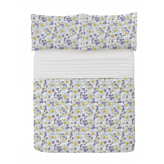 Floral Microfiber Bedspread Set, Blossoming Chamomile Wild Flower Summer Background Spring Natural Pattern, Soft Bedding Set with Pillow Shams & Comforter, 3 Sizes, White Yellow Purple, by Ambesonne