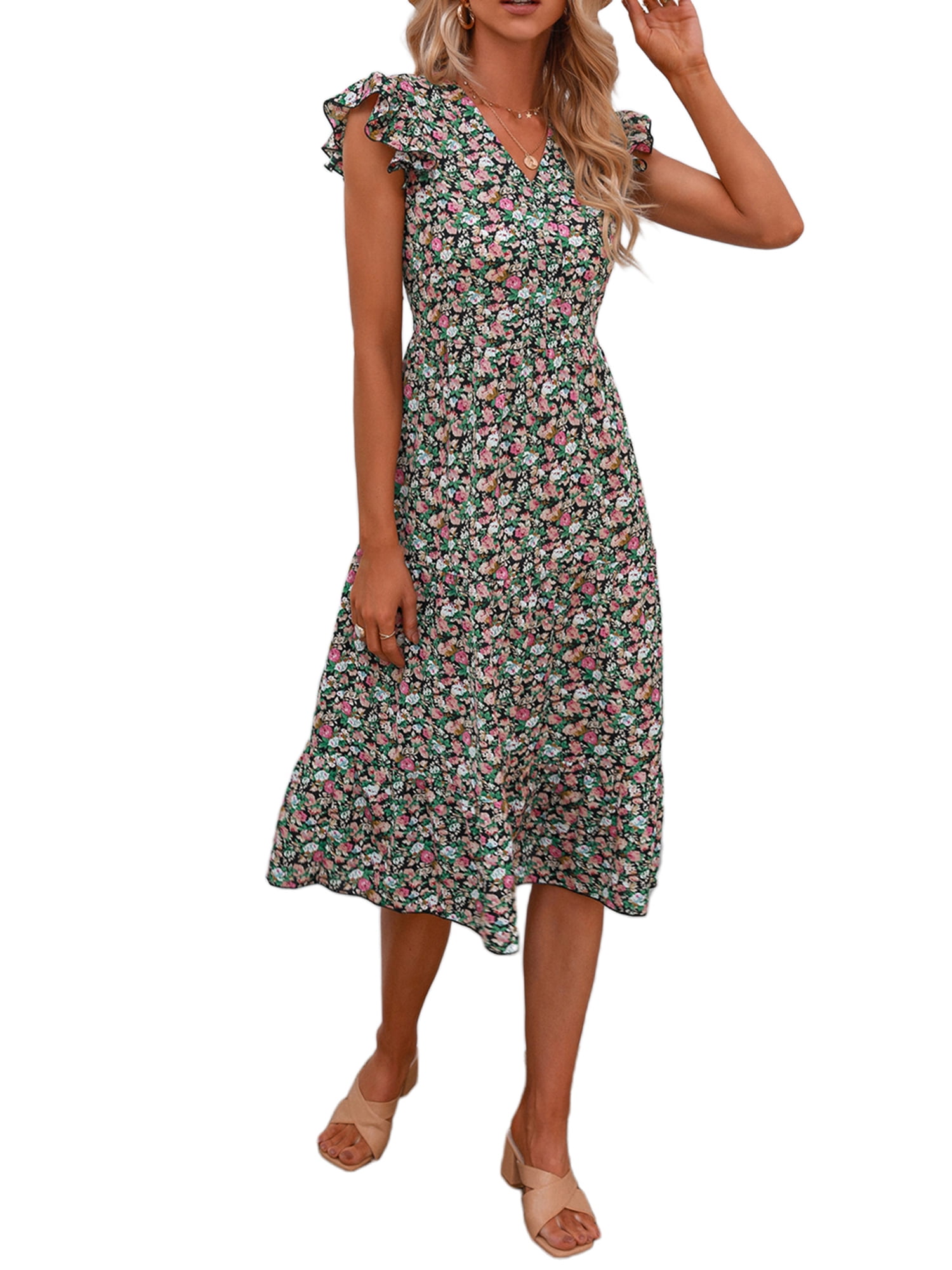 Floral Midi Dress for Women Summer V Neck Ruffle Cap Sleeve A-Line ...