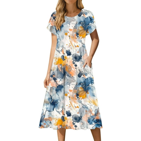 Floral Midi Dress for Women Summer V Neck Short Sleeve Casual A-Line Flowy Dress with Pockets Beach Dress