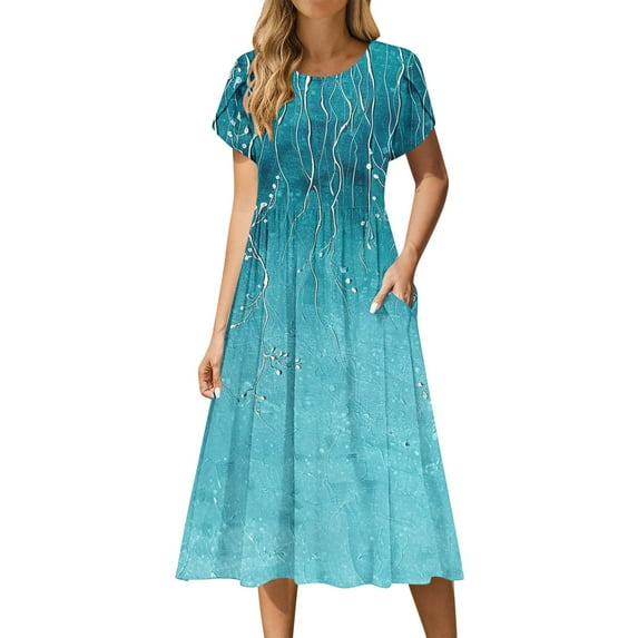 Floral Midi Dress for Women Summer V Neck Short Sleeve Casual A-Line Flowy Dress with Pockets Beach Dress