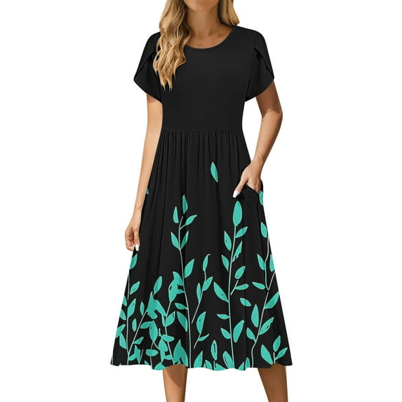 Floral Midi Dress for Women Summer V Neck Short Sleeve Casual A-Line Flowy Dress with Pockets Beach Dress