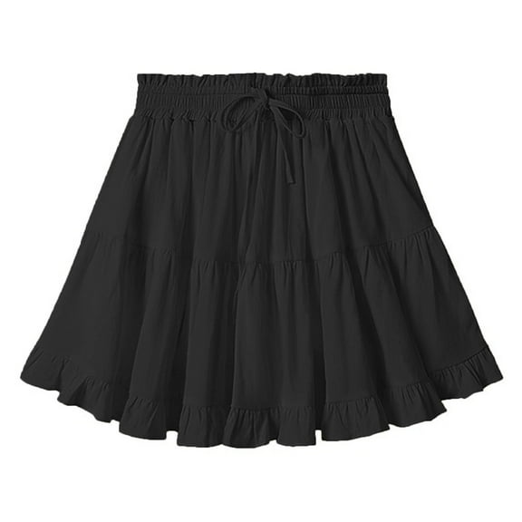Floral Midi Skirt Women's High Waist Mini Skirt Ruffle Drawstring Elastic Flowy Tiered Short Summer Beach Skirts Black M