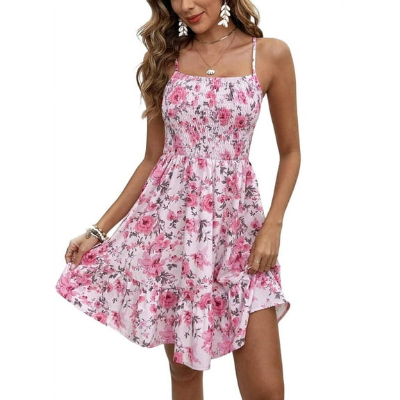 Floral Mini Dress Spaghetti Strap Square Neck A Line Cute Sundress Beach Summer Dresses for Women 2025 Pink XXL