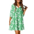 thumbnail image 1 of Floral Mini Dress Womens Summer Trendy Half Sleeve Lace-up Keyhole Neck Loose Babydoll FLowy Short Dress (S, Green), 1 of 5