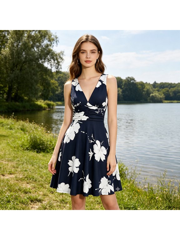 Floral Mini Dresses for Women Tank Elegant Sleeveless Floral Dress V Neck Summer Light Flowing Casual Party Dress Summer Dress Black S-XL