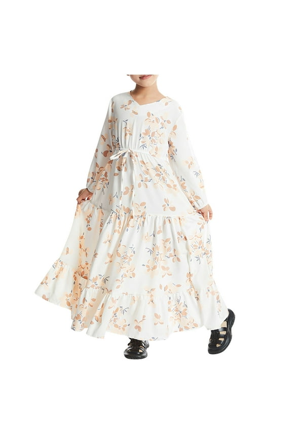 Floral Modest Dress for Girls Long Sleeve Muslim Maxi Dresses Drawstring Ruffle Tiered Ramadan Abayas Kaftan Robe, Beige, 7 Years
