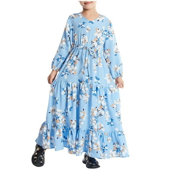 Floral Modest Dress for Girls Long Sleeve Muslim Maxi Dresses Drawstring Ruffle Tiered Ramadan Abayas Kaftan Robe, Blue, 7 Years