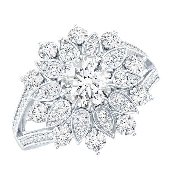 Rosec Jewels Certified Moissanite Cocktail Ring for Women - D-VS1 Quality - Moissanite Flower Ring - with Jewelry Box, 10K White Gold, US 11.50