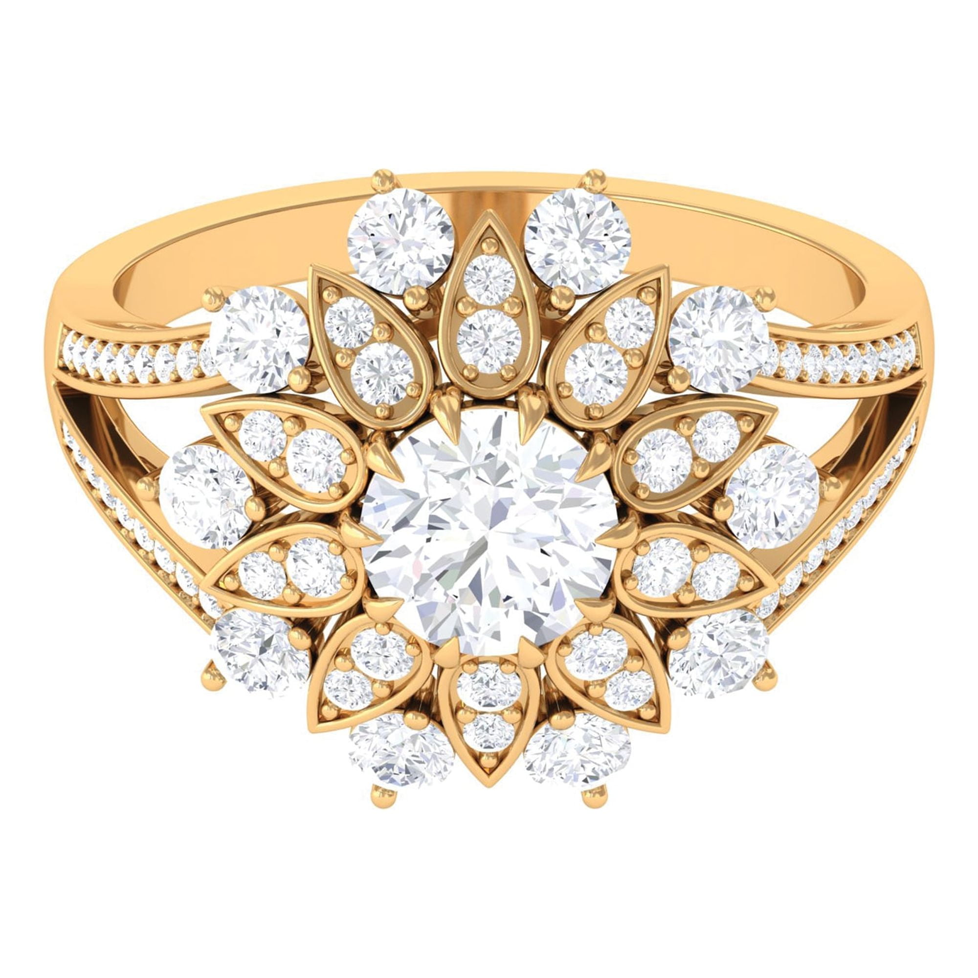 Floral Moissanite Cocktail Ring for Women (2.50 CT, D-VS1 Certified  Colorless Moissanite), 14K Yellow Gold, US 7.50 