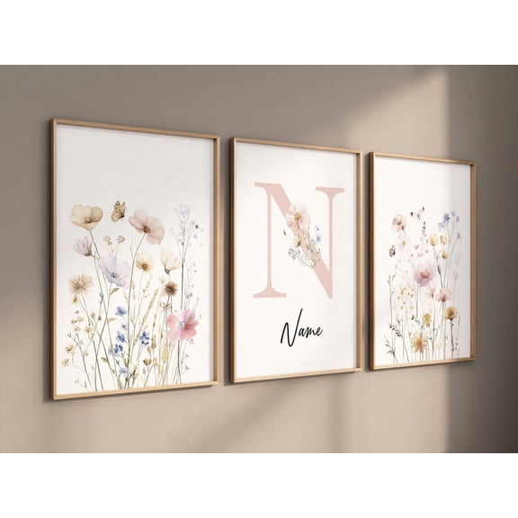 Floral Monogram Baby Girl Wildflower Wall Art Prints, Nursery And Gallery Wall Decor