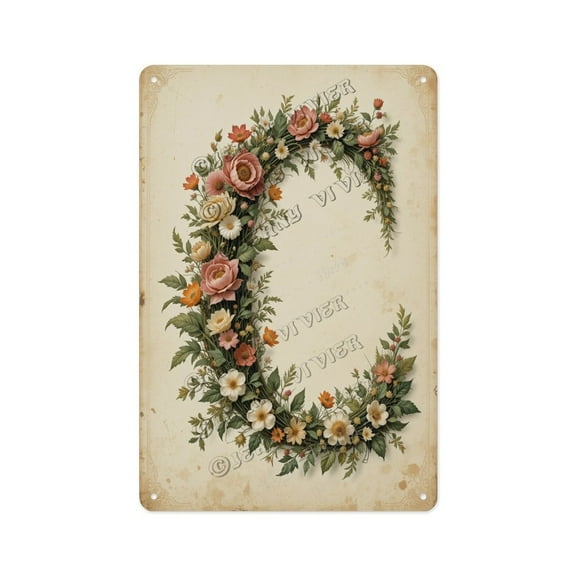 Floral Monogram C Tin Sign Personalized Metal Wall Letter for Nursery, Dorm Room, Powder Room Alphabet Flower Initial Sign for Women, Kids, Teens 12x16 inch