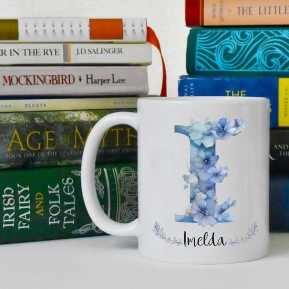 Floral Monogram Ceramic Coffee Mug Name Insulated Reusable Cup Washable Mom Sister Grandma Blue Floral Design Multipurpose Kitchen Dining Mug Mug Floral Pattern Mug Reusable Mug