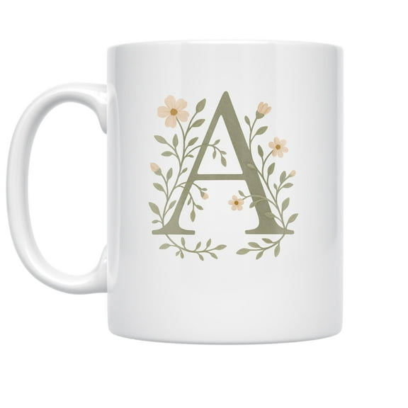 Floral Monogram Design - Personalized Initial - 11 oz Ceramic Coffee Mug