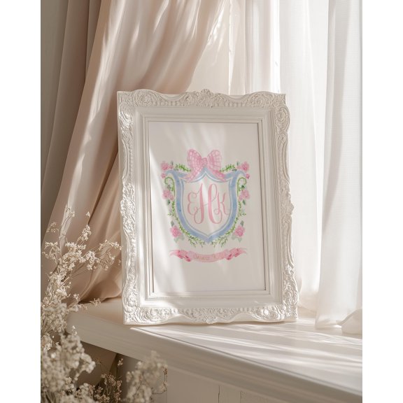 Floral Monogram Grandmillennial Bow Crest Name Nursery Poster , Poster Print Only