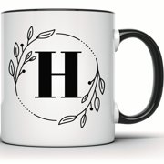 Floral Monogram H Mug - Botanical Letter H Coffee or Tea Mug, Custom Initial H Mug, Personalized Gift, Elegant Monogram Cup - 11 Ounce Black Rim Handle Novelty Coffee Cup - WMUG0358-Black Rim