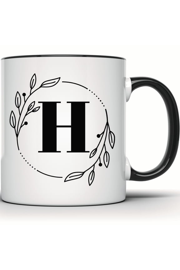 Floral Monogram H Mug - Botanical Letter H Coffee or Tea Mug, Custom Initial H Mug, Personalized Gift, Elegant Monogram Cup - 11 Ounce Black Rim Handle Novelty Coffee Cup - WMUG0358-Black Rim