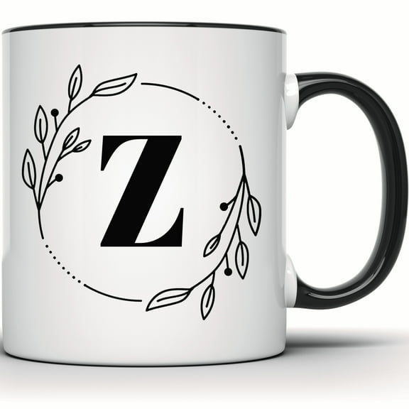 Floral Monogram Initial Z Mug, Custom Letter Tea Cup, Gift for Her or Him, Elegant Floral Wreath Design, Unique Monogram Mug - 11 Ounce Black Rim Handle Novelty Coffee Cup - WMUG0376-Black Rim
