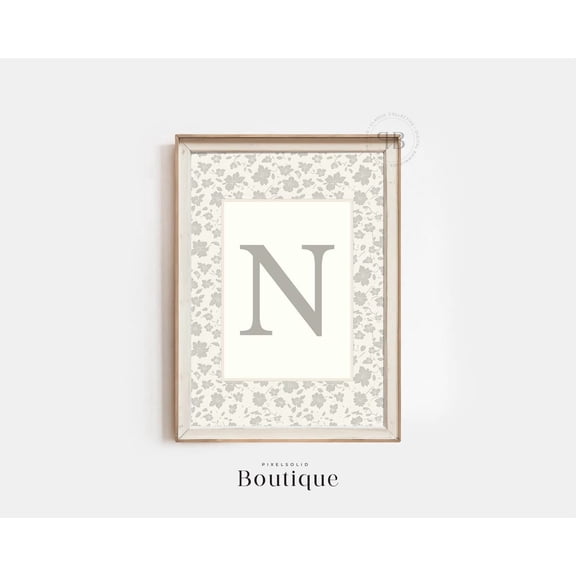 Floral Monogram Letter N Print, New Baby Nursery Art