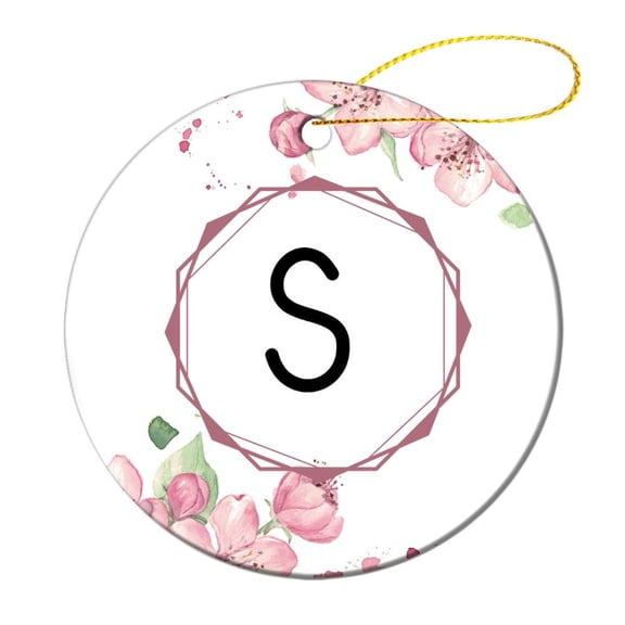 Floral Monogram Letter S Christmas Ornament Personalized Initial Letter Customized Round Ceramic Ornament Collectible Present Gift Xmas Tree Decoration Ornament Xmas Present