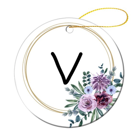 Floral Monogram Letter V Ornament Floral Initial Customized Round Ceramic Ornament Christmas Tree Decorations Gifts Keepsake for Family