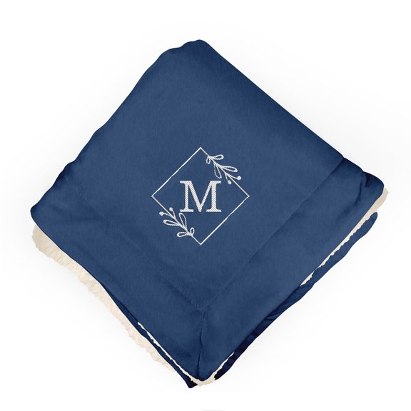Floral Monogram NP Navy Fleece Microfiber Sherpa Blanket 50 x 72